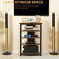 Brown 4-tier media rack stand with open shelves and black metal legs