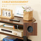 Brown wood media stand with black side cable grommet opening