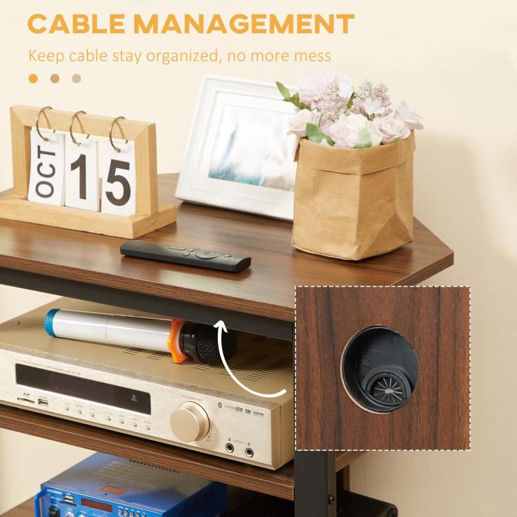 Brown wood media stand with black side cable grommet opening