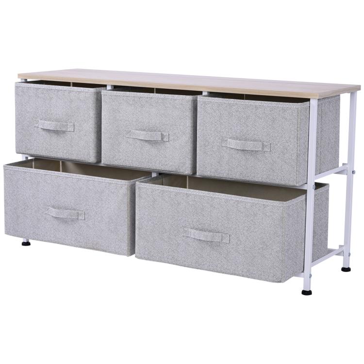 Light gray 5-bin storage dresser with wood top, angled view, white frame.