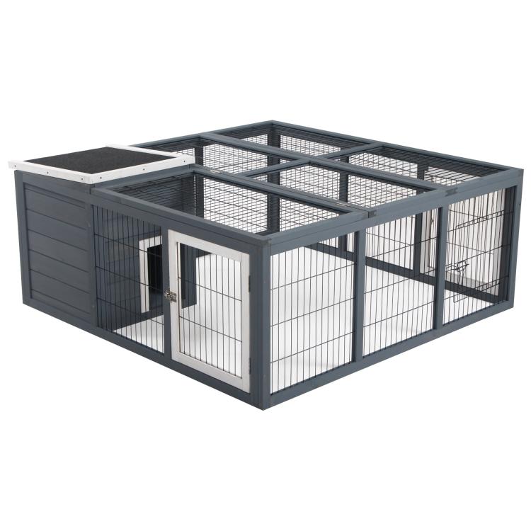 Gray wire rabbit hutch with two front doors and open mesh roof