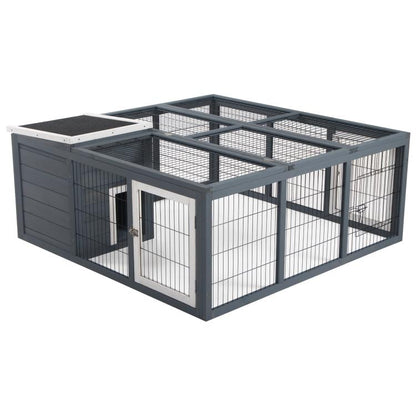 Gray wire rabbit hutch with two front doors and open mesh roof