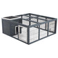 Gray wire rabbit enclosure with side panels, and white double front doors
