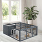 Gray wire rabbit hutch with double front doors and mesh roof indoors