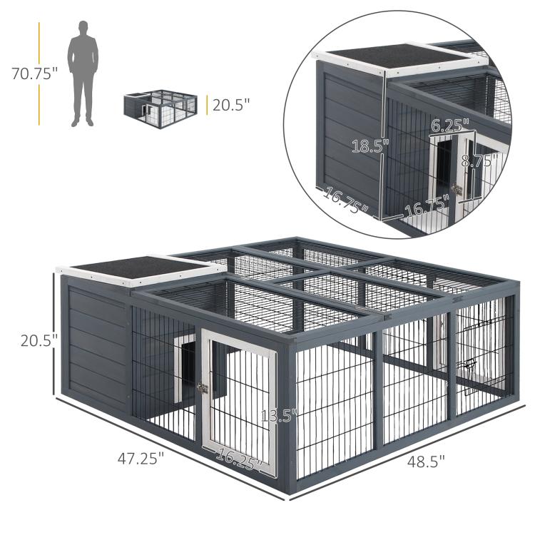 Gray rabbit hutch with front door and mesh walls; size diagram