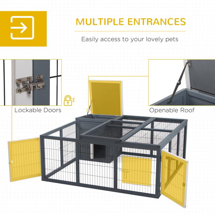 Gray rabbit hutch with multiple doors and openable roof panel