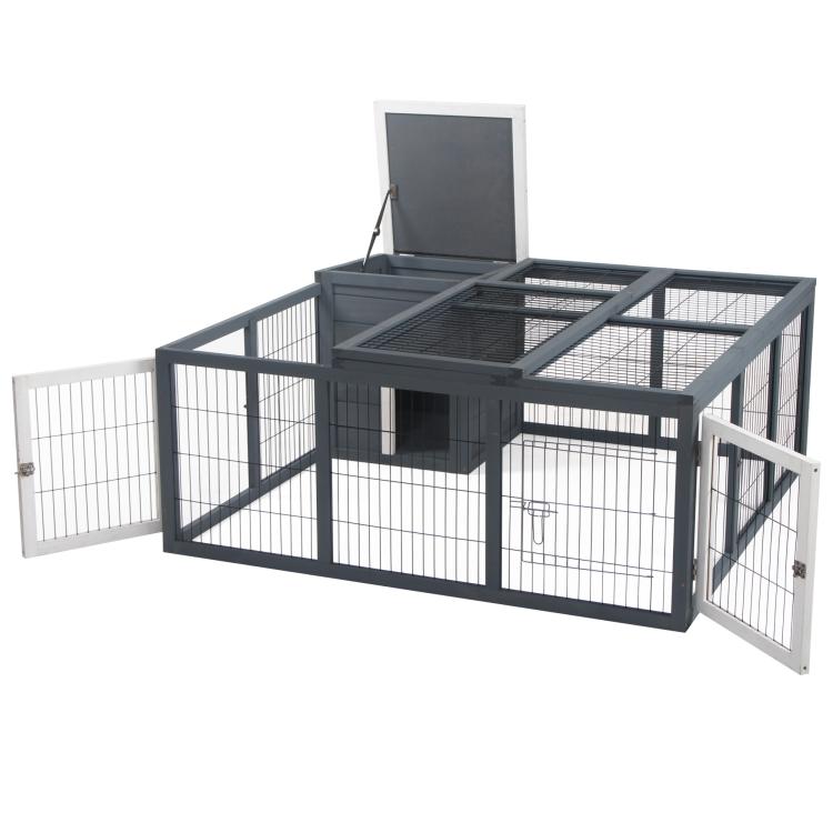 Gray rabbit hutch with hinged roof and front access doors