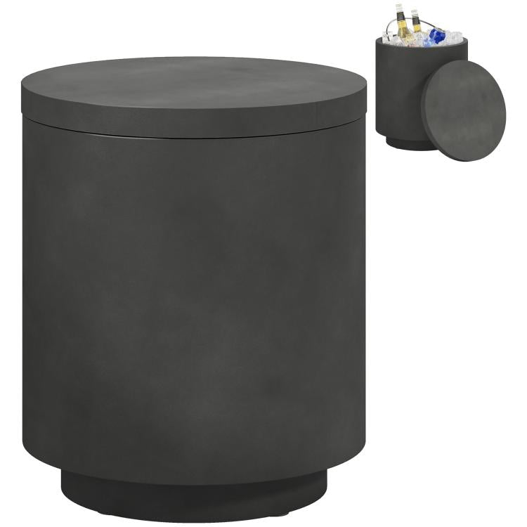 Charcoal gray outdoor concrete side table with round lid and storage cooler top
