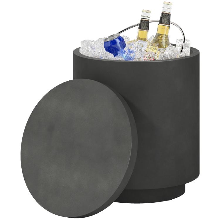 Charcoal gray outdoor cooler bar table with removable lid and ice bucket insert