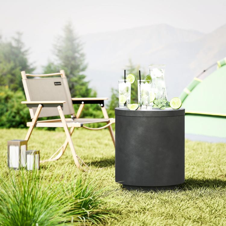 Charcoal gray outdoor concrete cooler side table for drinks on outdoor grass