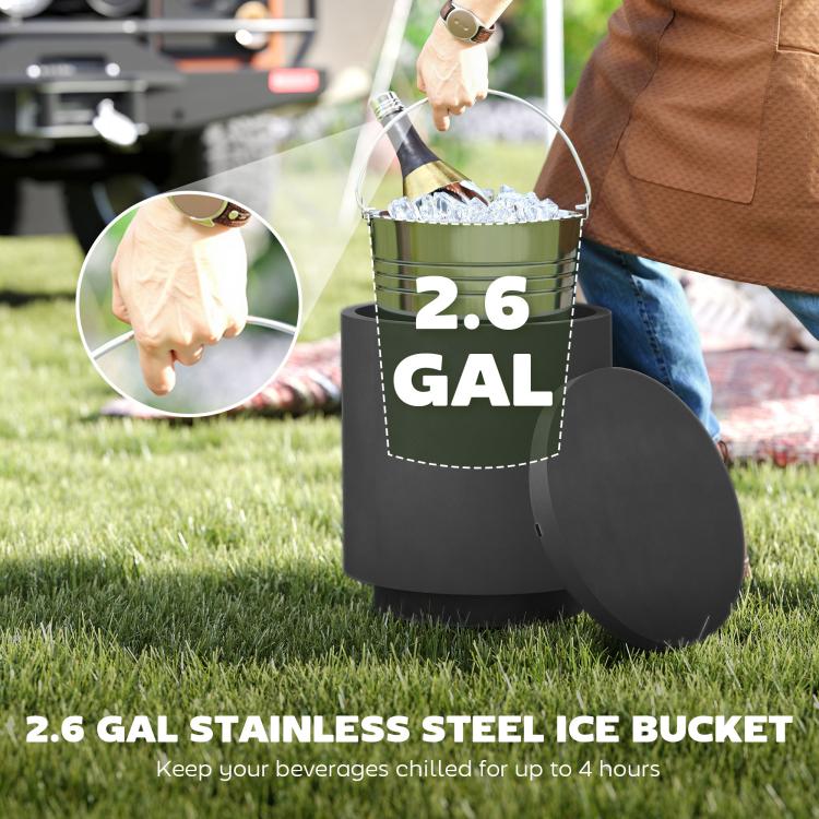 Charcoal gray cooler bar table with open lid and 2.6 gal ice bucket
