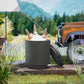 Charcoal gray outdoor concrete cooler side table with ice bucket on outdoor walkway