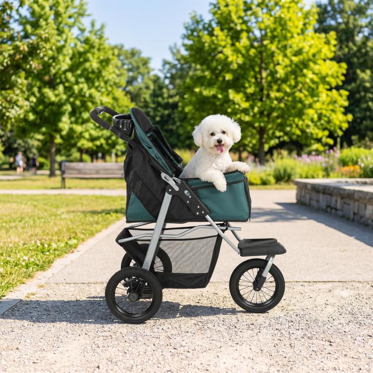 Foldable dog stroller in dark green and black with canopy and front mesh window