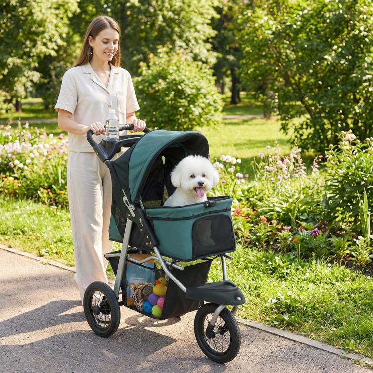 Dark green dog stroller with black fabric base, front canopy, and side zip window