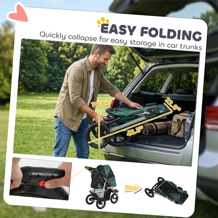 Easy-fold dark green dog stroller shown open in a car trunk