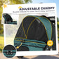 Adjustable canopy on dark green and black dog stroller with buckle closure