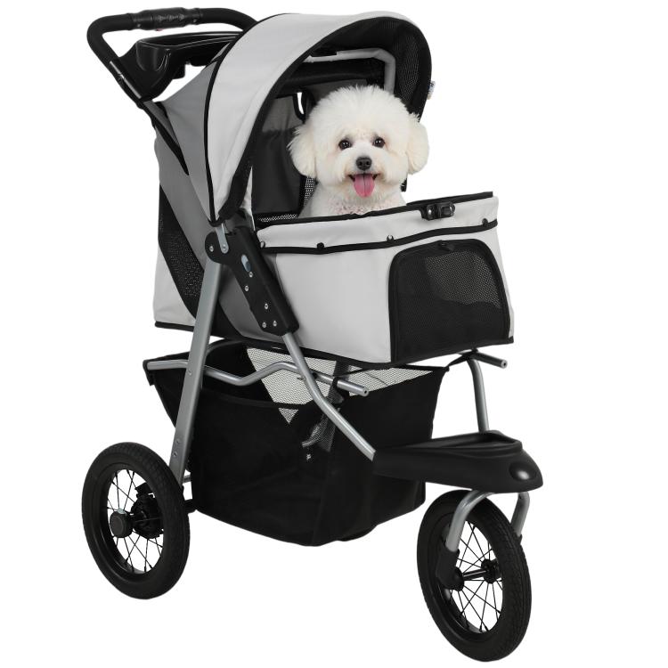 Light gray and black foldable dog stroller with mesh front and full canopy