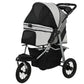 Light gray and black dog stroller with zippered front window and padded seat