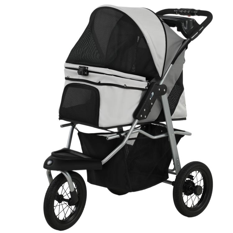 Light gray and black dog stroller with zippered front window and padded seat