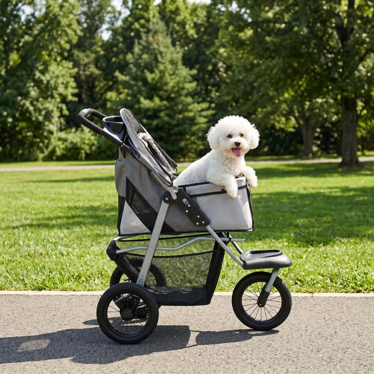 Light gray dog stroller with mesh sides and canopy, small dog inside, 4-wheel frame