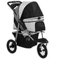 Light gray and black dog stroller with mesh basket, front canopy, 4 rubber wheels