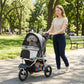 Light gray and black foldable pet stroller with large wheels and canopy