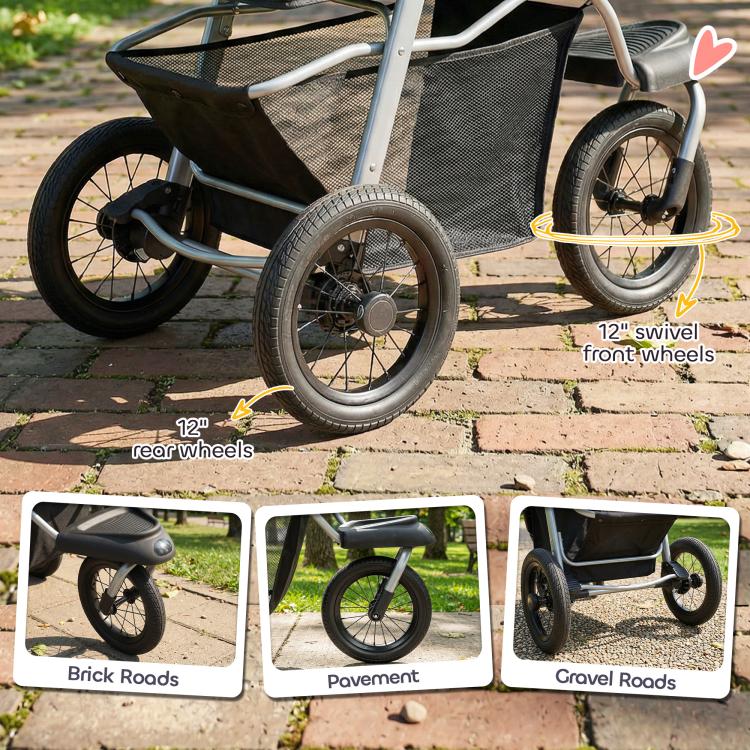 Dog stroller with front swivel wheels and rear wheels on a black frame