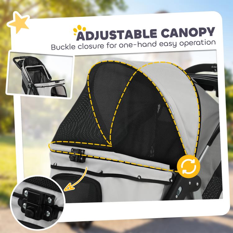 Adjustable canopy dog stroller with mesh window and buckle closure