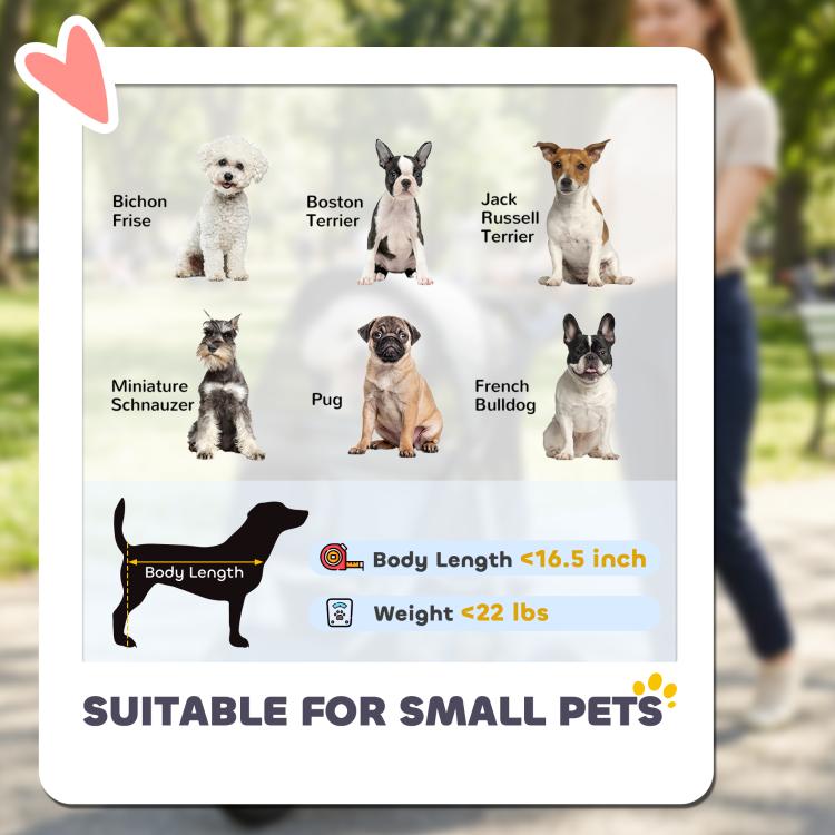 Small-pet dog stroller with body length and weight guidance icons