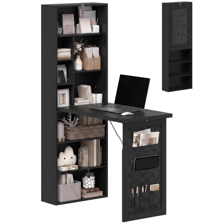 Black foldable writing table with open storage shelves and hanging organizer pockets