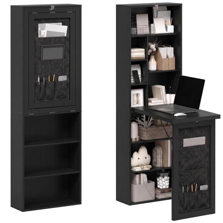 Black foldable wall-mount writing table with front cabinet shelves and open desk panel
