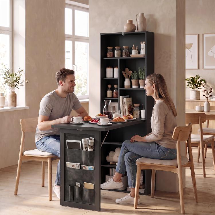 Black foldable writing table with open storage shelves and hanging storage bins