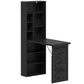 Black fold-down writing table with built-in shelves and fabric storage pouch
