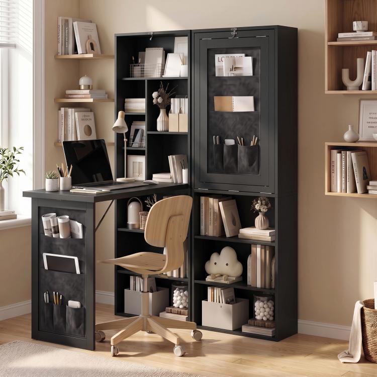 Black foldable writing table with storage compartments and side hanging pockets, standing unit