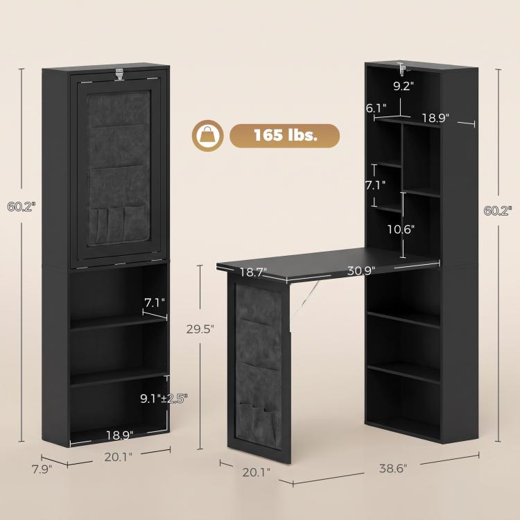 Black foldable writing table with storage shelves, shown with size and layout diagram