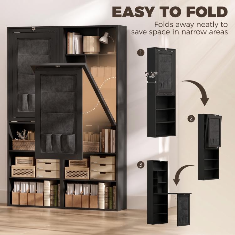 Black foldable writing table with storage shelves, shown folding away for space saving