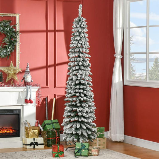 Snow-frosted slim pencil artificial Christmas tree with dense branches and black stand