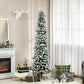 Snow-frosted slim pencil artificial Christmas tree with visible green ornaments and black stand