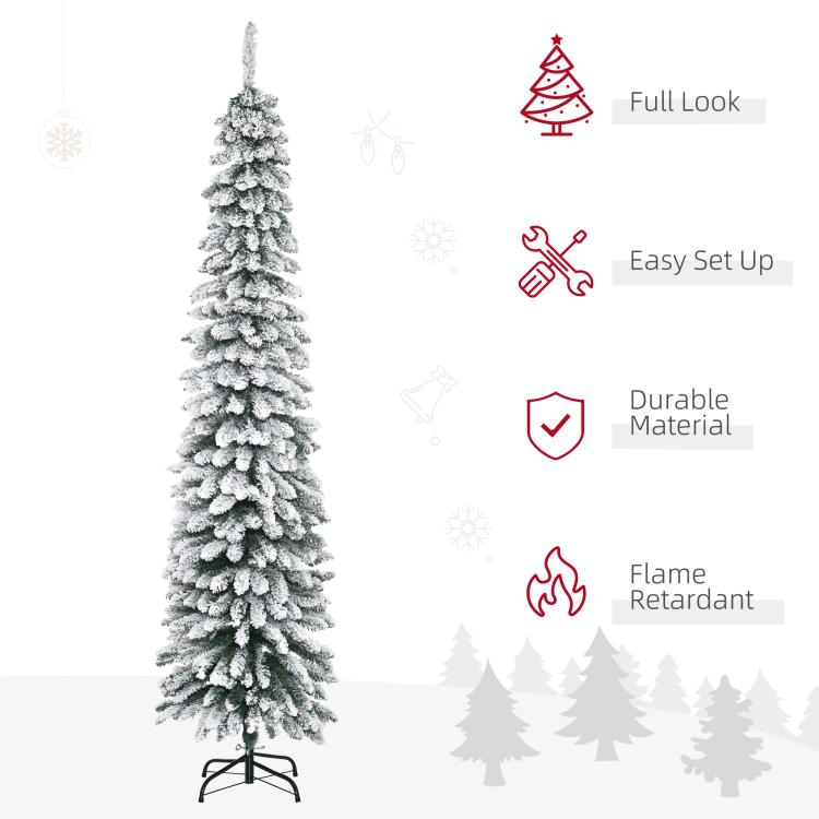Snow-frosted slim pencil artificial Christmas tree with green tips on black folding stand