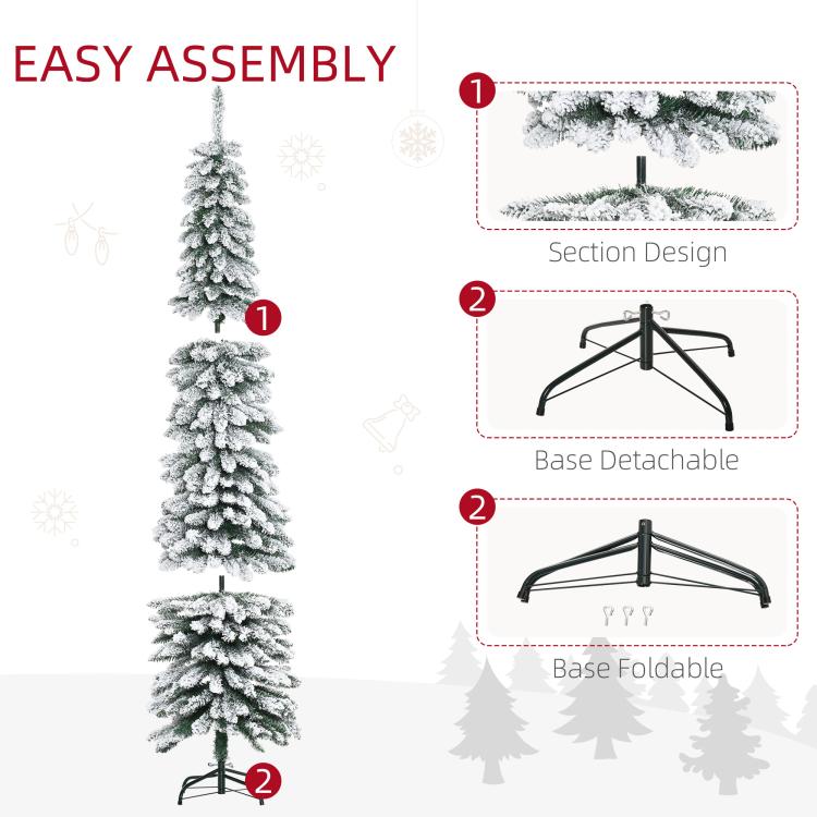 Snow-frosted slim pencil artificial Christmas tree with detachable foldable base