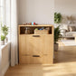 Dog feeding station cabinet with open upper storage and ribbed cabinet doors