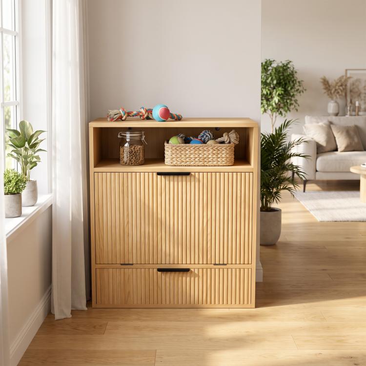 Dog feeding station cabinet with open upper storage and ribbed cabinet doors