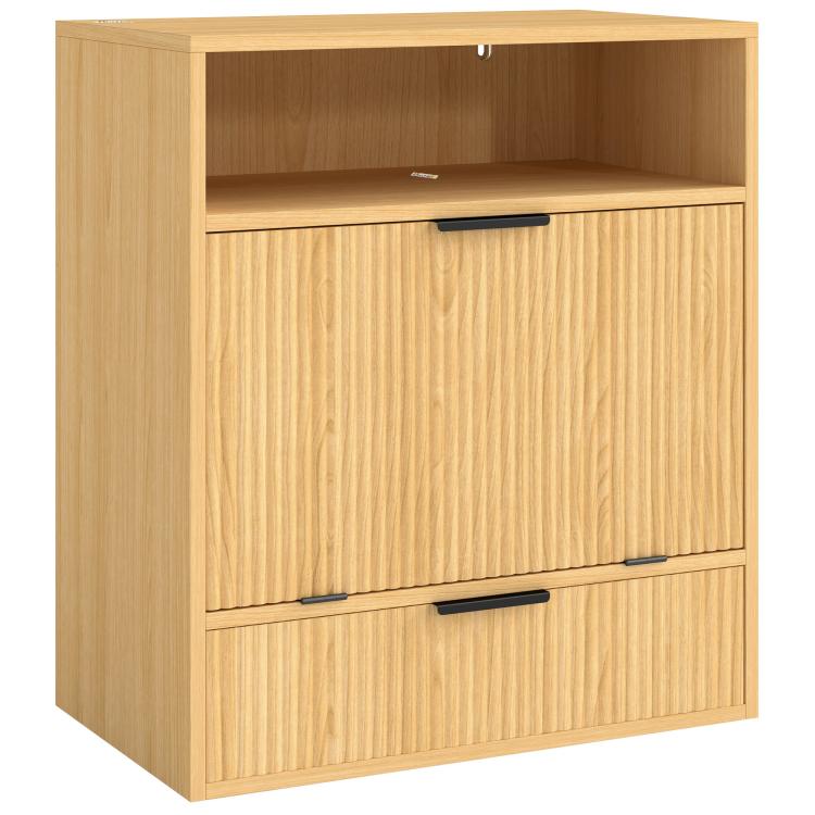 Wooden dog feeding storage cabinet with pull-out lower door and ribbed front panel