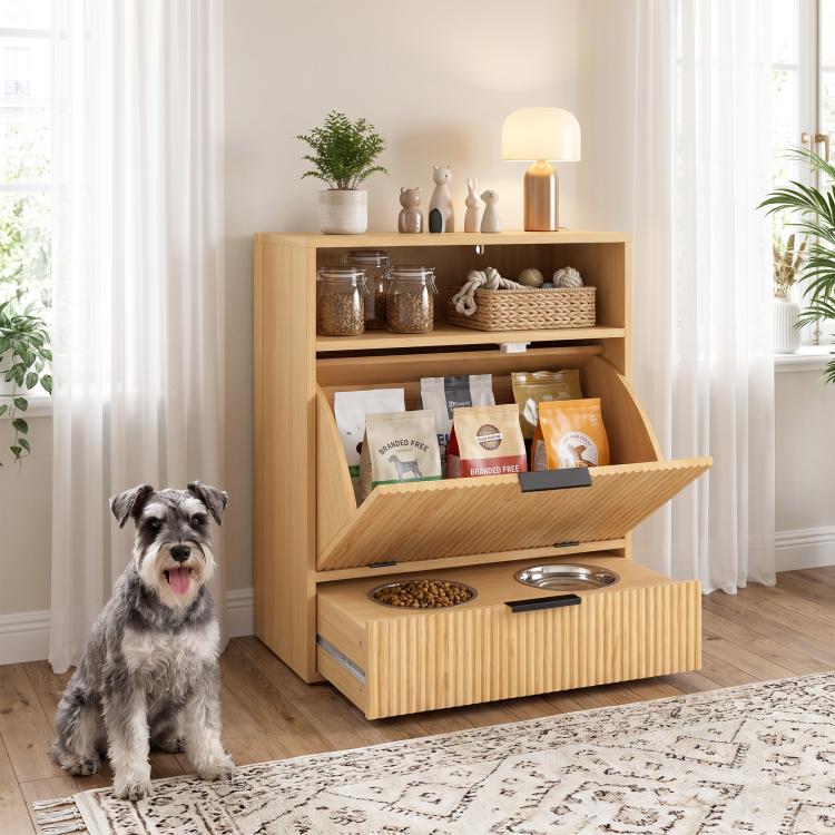 Wood dog feeding station with two raised bowls and open cubby storage