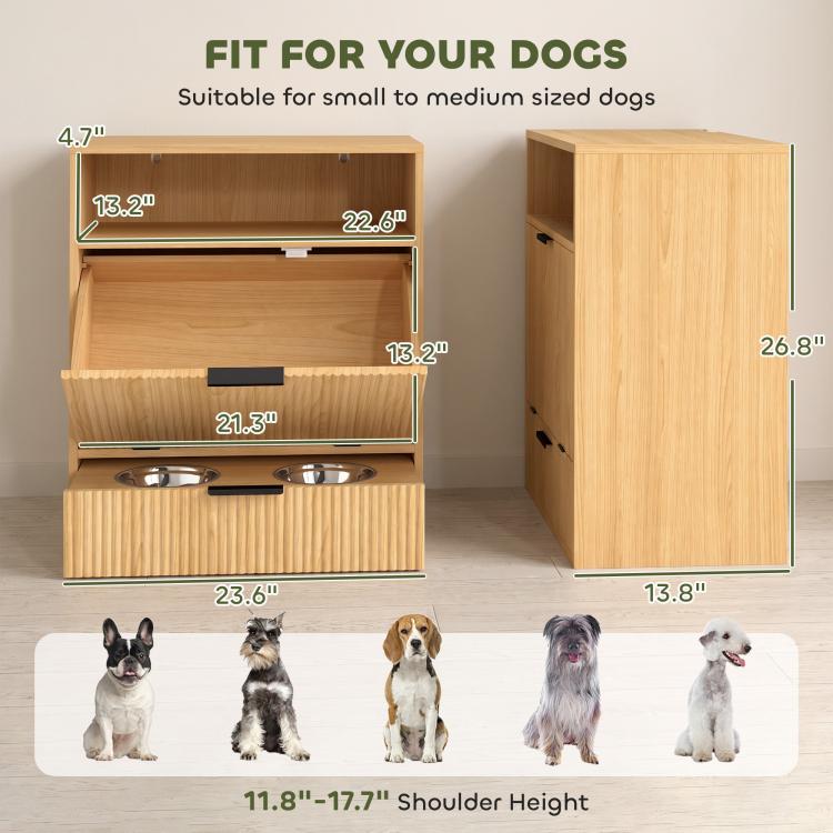 Wood dog feeding station cabinet with raised bowl area and labeled dimensions