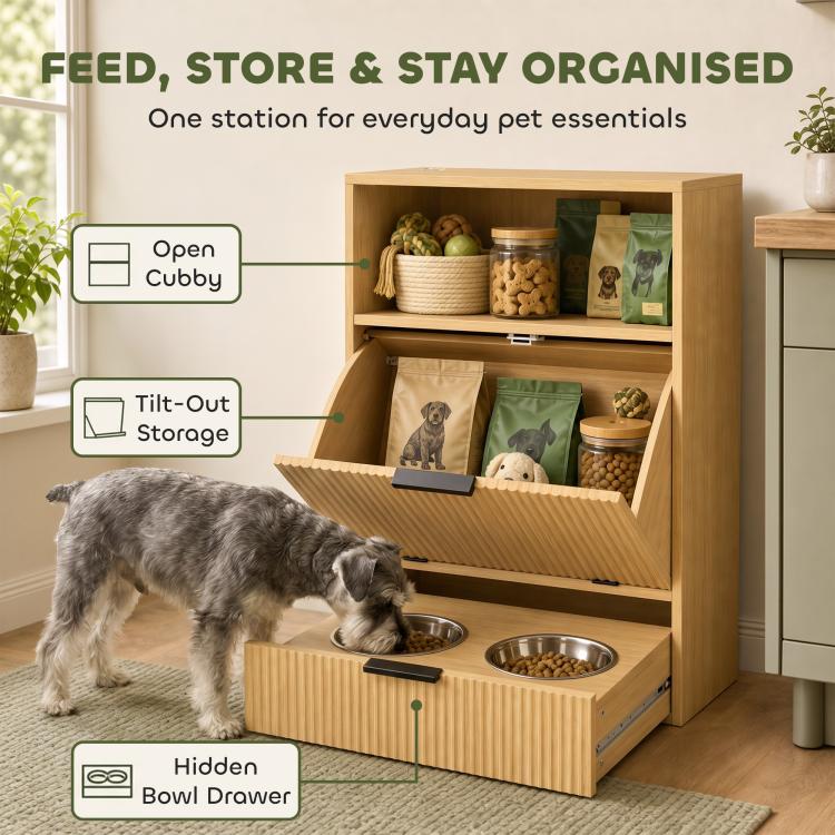 Wood dog feeding station with open cubby, tilt-out cabinet, and hidden bowl drawer