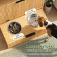 Wood dog feeding station with metal bowls on non-slip silicone feeding mat