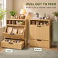 Wood dog feeding station with pull-out panel for feeding and side storage doors