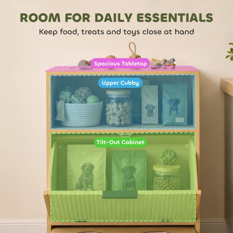 Wood dog feeding station with upper cubby and tilt-out cabinet storage