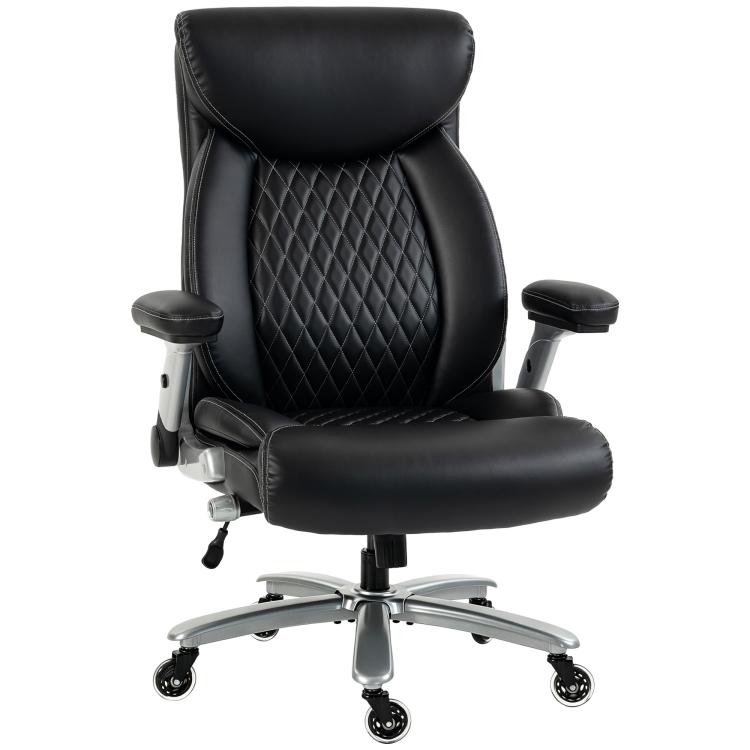 Black ergonomic office chair with headrest, quilted backrest, and padded flip-up arms